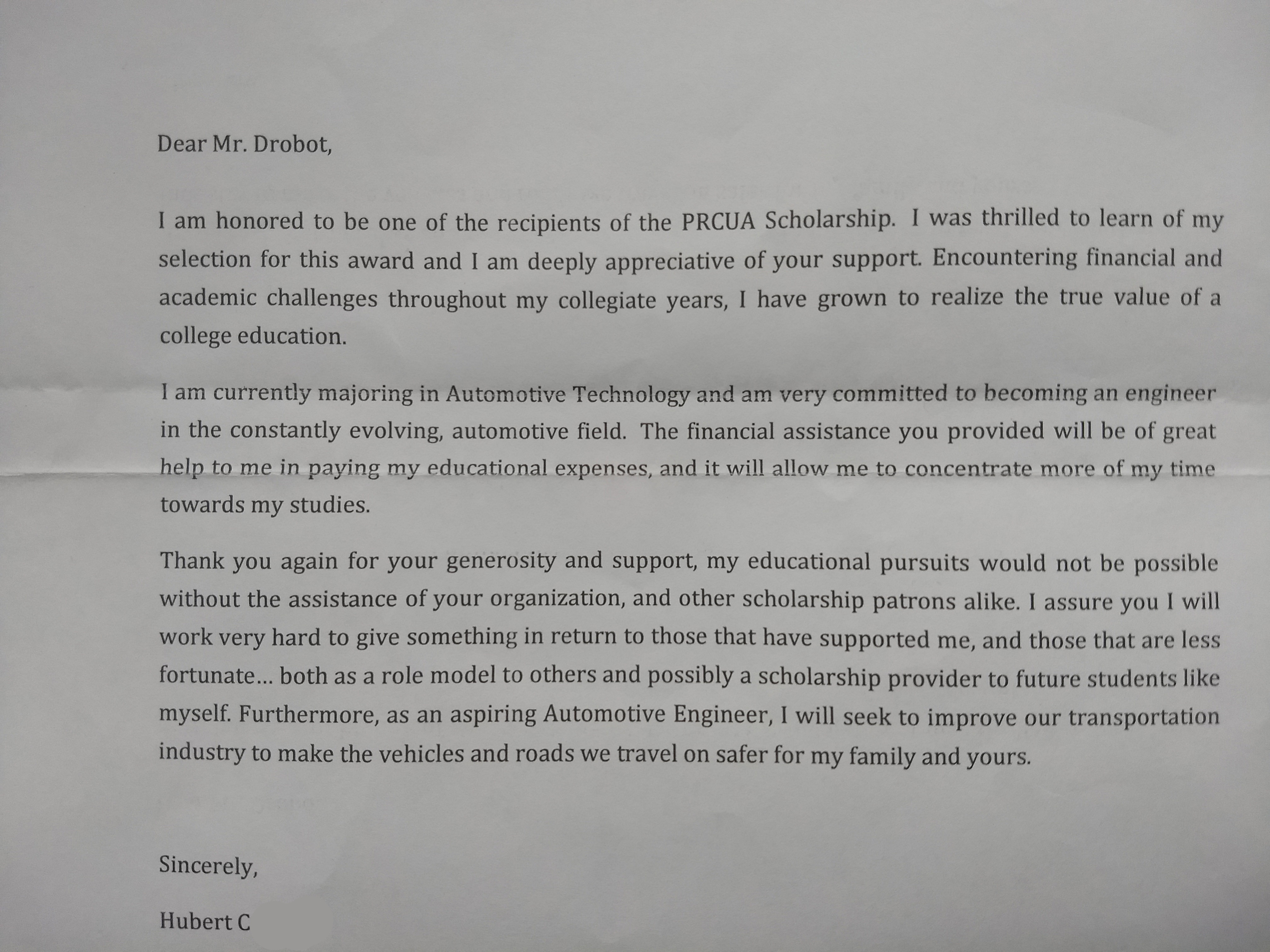 Scholarship Recipient Thank You Notes - PRCUALife